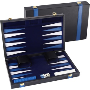 image:imageGSE Premium Leather Backgammon Board Game Set BlackampGrey Medium  Premium Leather Travel Folding Board Classic Game Set Leather Case IncludedLeatherblackblue